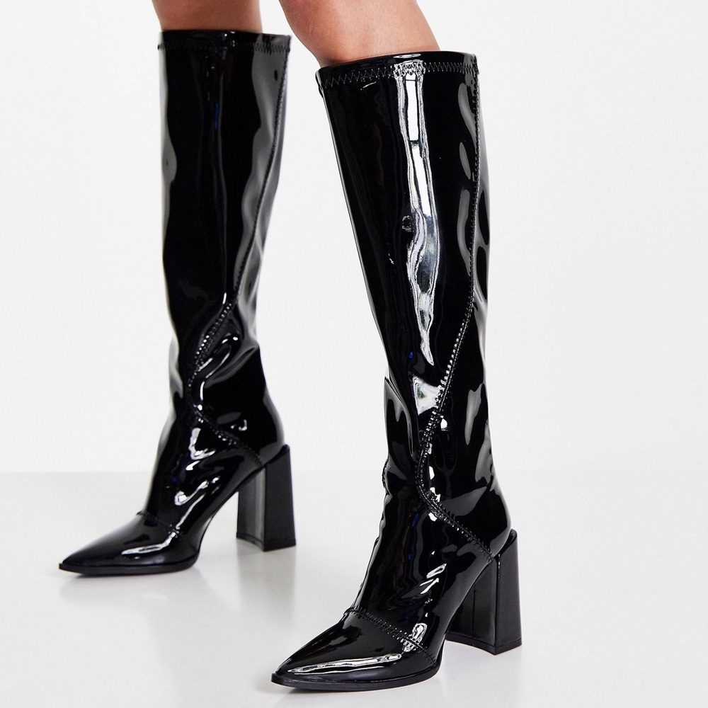 Glamorous knee high heel boot in black stretch patent - Picture 3 of 6